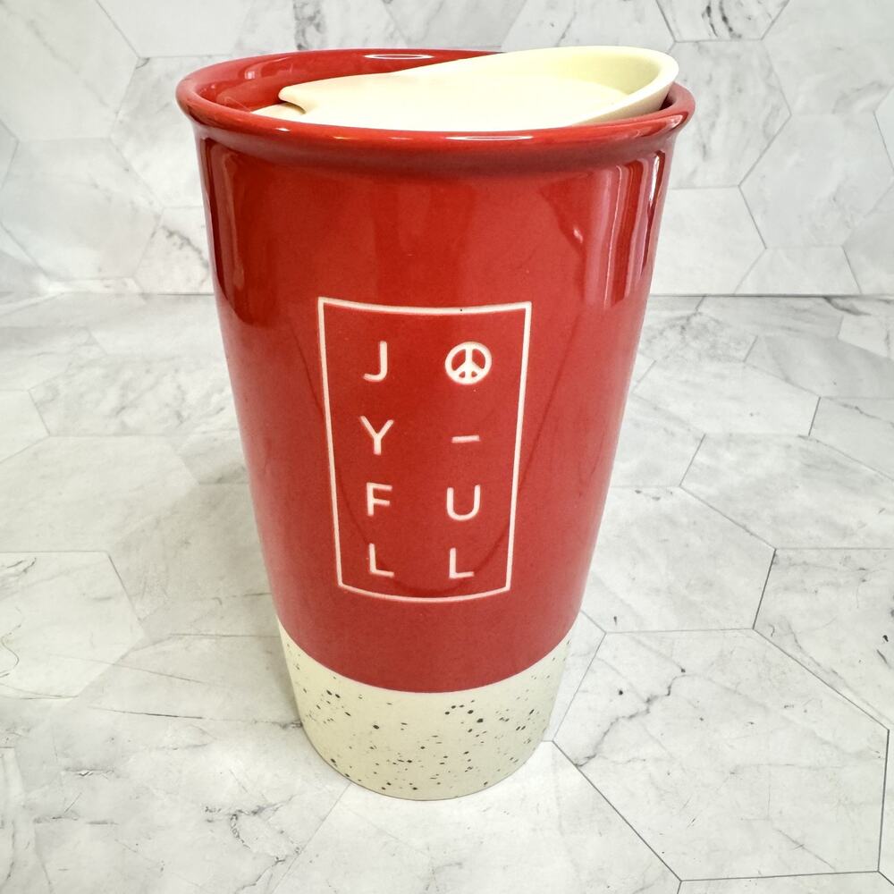2017 Starbucks Red Ceramic Travel Mug Tumbler + Lid JOY-FULL Peace Sign 12 oz